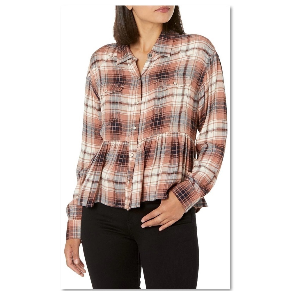 Lucky Brand NWT Women's Blush Plaid Western Pearl Snap Down Babydoll Shirt Large
